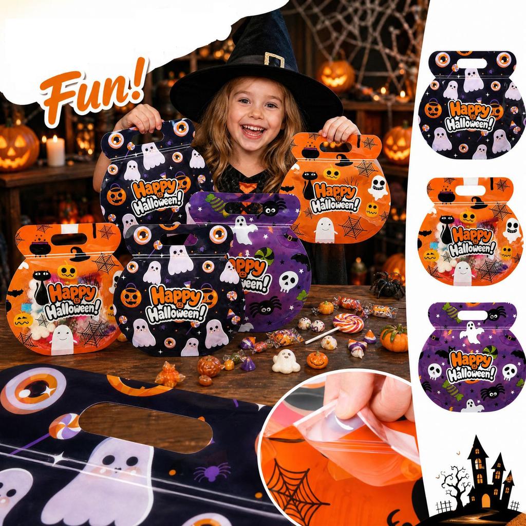 Halloween Pumpkin Candy Bags with Handles for Kids, Party -or- Decorative Gift Bags, Food-Grade Self-Sealing, 10 Pack
