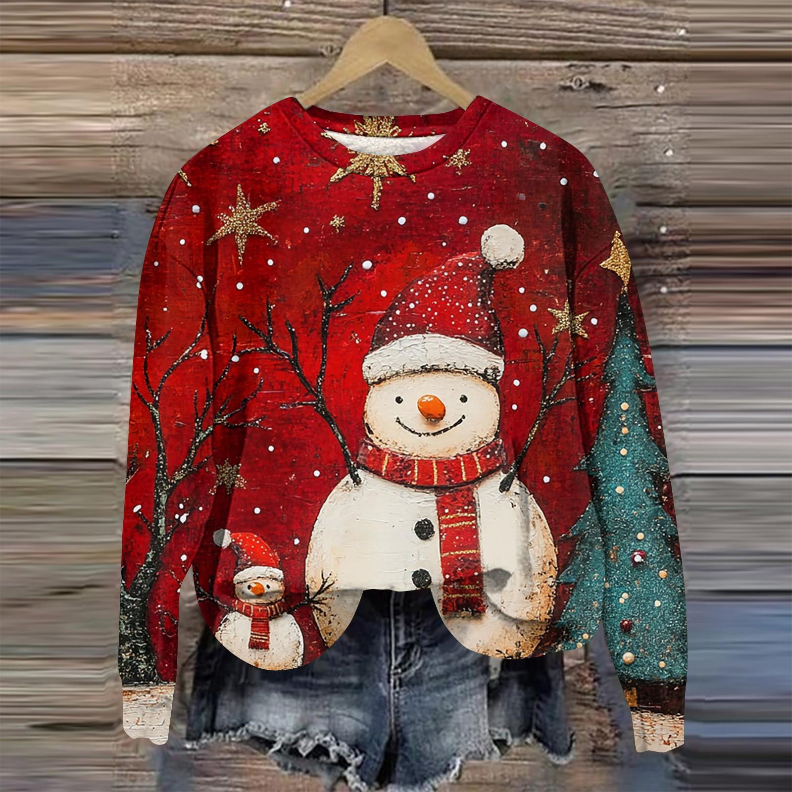 Женская мода круглый вырез пуловер длинный рукав футболка рождественский принт топ — фото 7