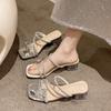 Beautiful thick heel slippers summer wear 2025 new fashion bow rhinestones with skirt women's sandals