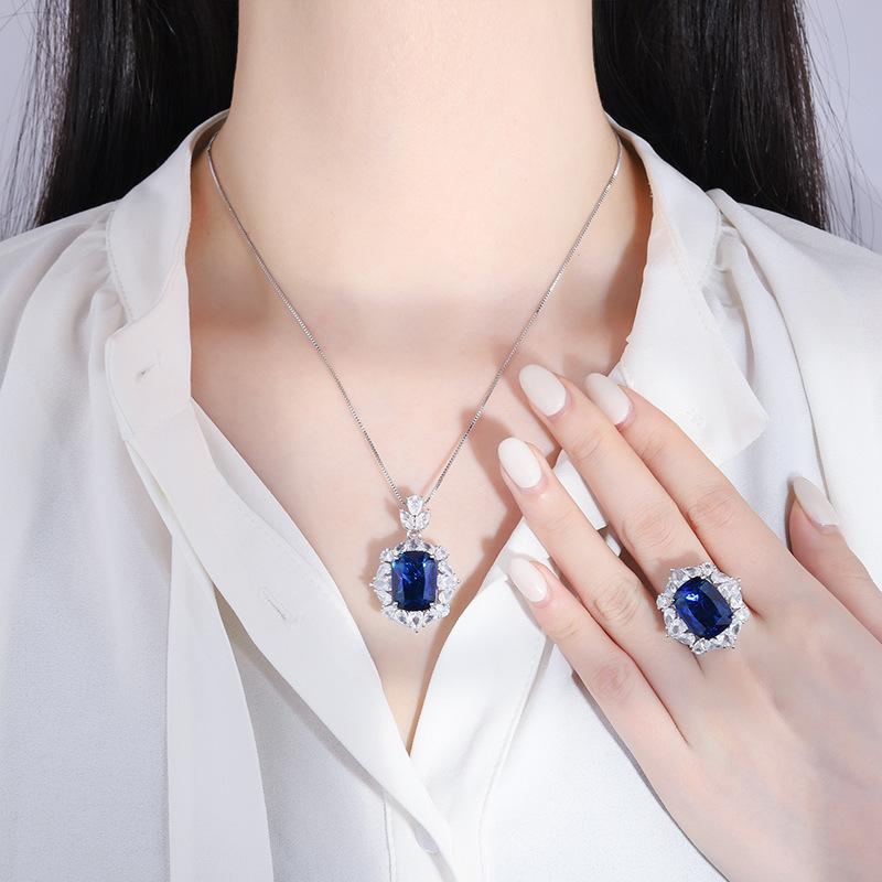 European and American retro simulation Royal Sapphire pendant ring hand-set diamond women's main stone 12 * 16