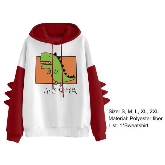 Dámská mikina s kapucí, potisk dinosaura, kontrastní barva, volný střih, hřejivá mikina pro každodenní nošení