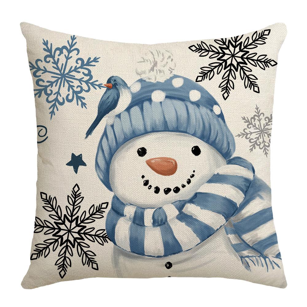 Blue Little Snowman Snowflake Element Festive Warm Atmosphere Pillowcase Linen Print Pillow Bedroom Bedside Mat