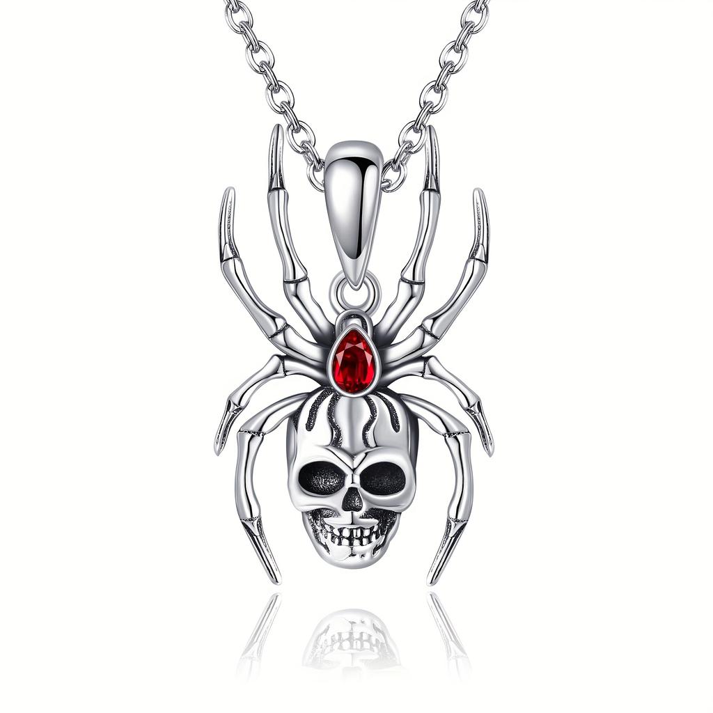 S925 Sterling Silvery Skull Spider Necklace Punk Skull Skeleton Pendant Necklaces Gothic Jewelry for Women