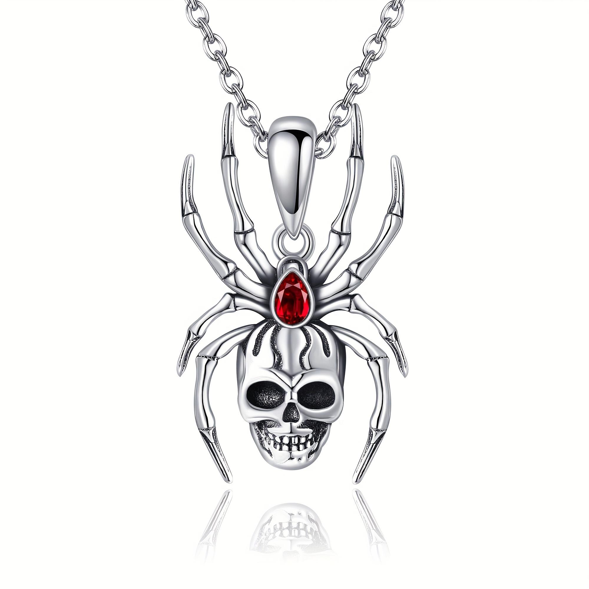 S925 Sterling Silvery Skull Spider Necklace Punk Skull Skeleton Pendant Necklaces Gothic Jewelry for Women Skull Spider