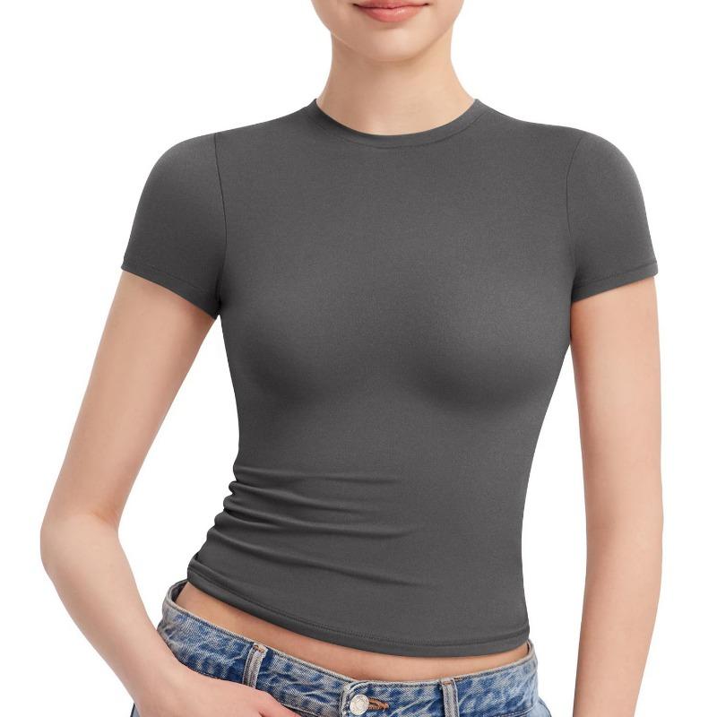 IHUASU Women's Tops Short Sleeve Summer Pleated Slim T-Shirt