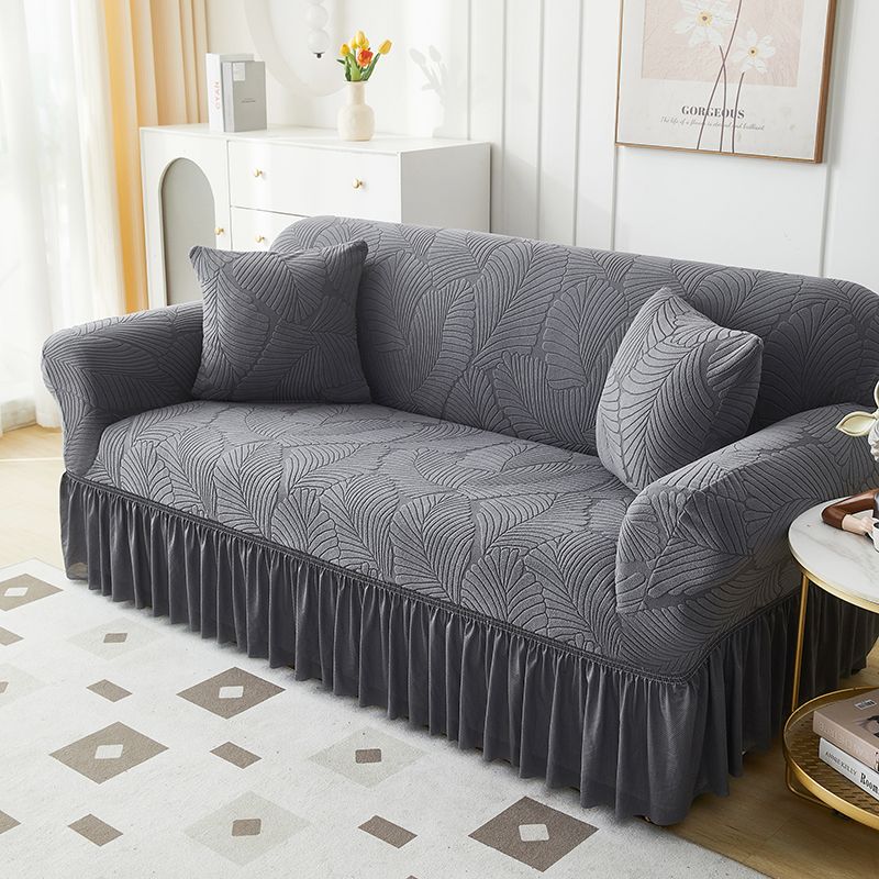 Elegant White Jacquard Sofa Cover with Ruffled Skirt Couch Protector for All Seasons, Modern Leaf Pattern Design, Elastic Fit for Living Room, Bedroom