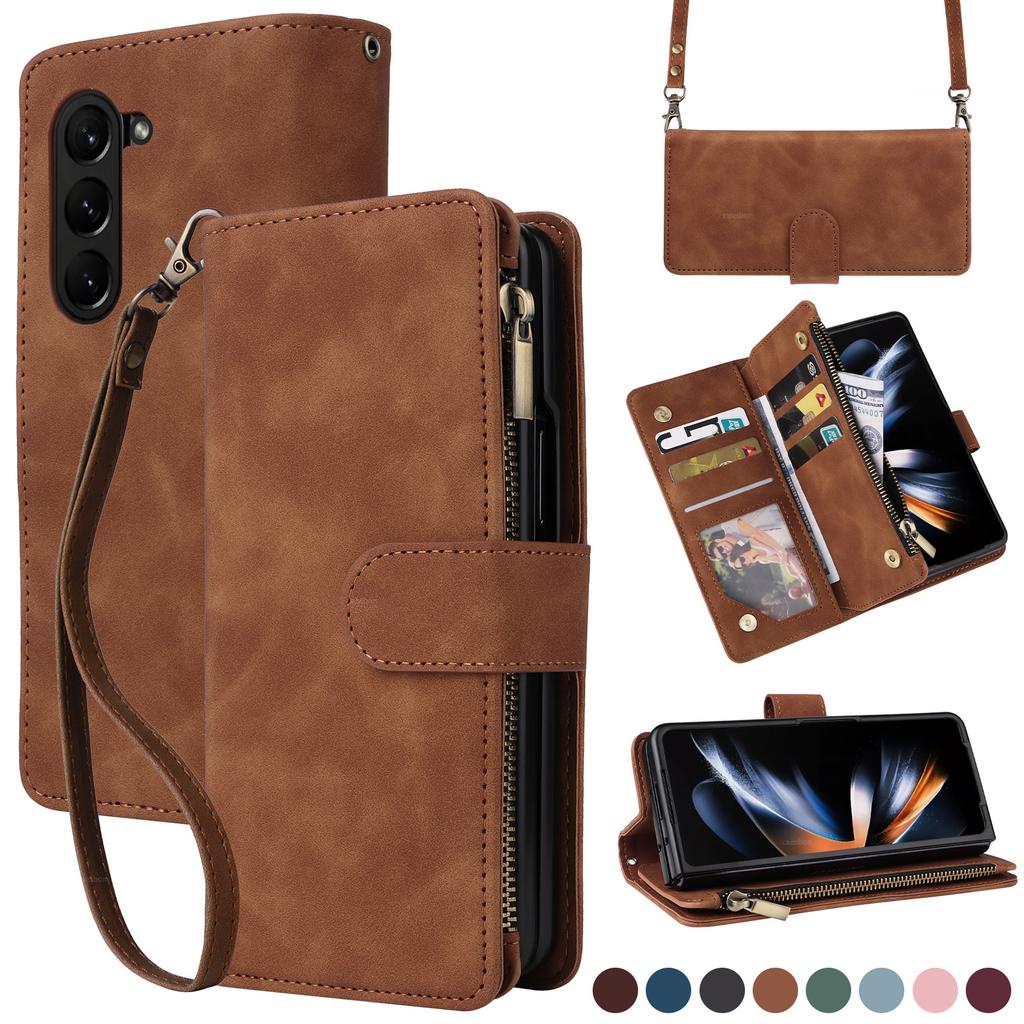 Applicable to Samsung Z Fold 6 leather case Z Flip5 folding mobile phone retro matte zipper wallet diagonal straddle