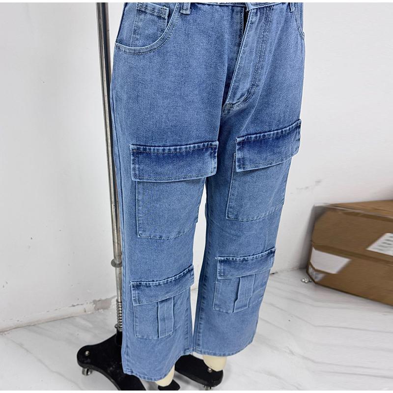 

Модные женские джинсы-карго со средней талией, широкие потертые однотонные джинсовые брюки с карманами с клапанами, винтажная уличная одежда 2025 года, весна-осень S синий