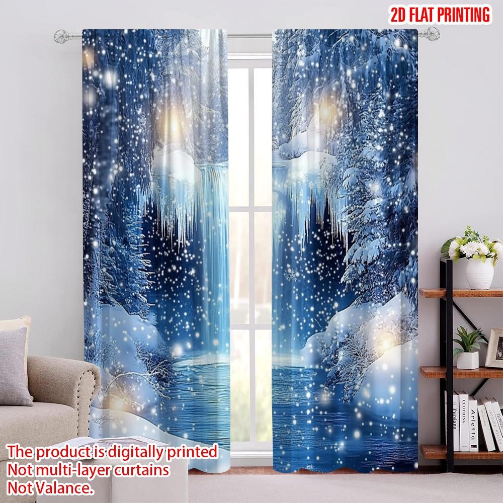 

Set Of 2 Flat Printing Merry Christmas Window Drapes Snow Falls Sparkling Ice Crystals Polyester Without Electricity Spring Use Curtain W100*H70(CM)-Grommet top&2PCS