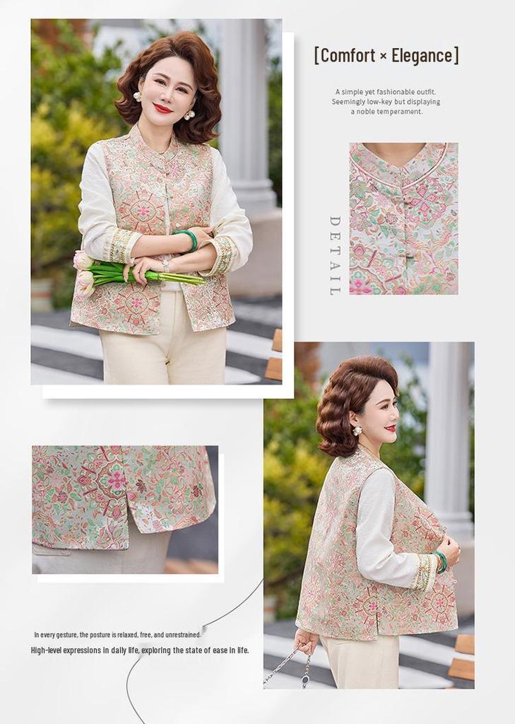Spring Chinese Style Sleeveless Vest for Petite Middle-aged and Elderly Women