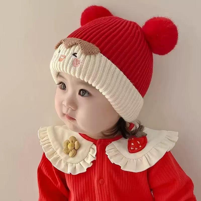 Baby hat autumn and winter cute hairball pullover hat infant knitted wool hat thickened ear protection trend