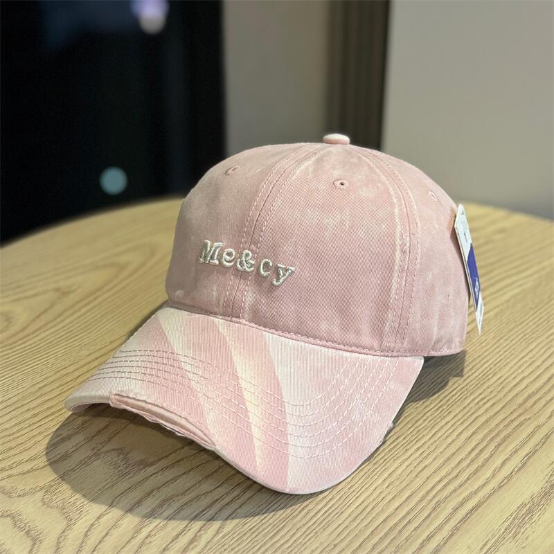 Fashion Hat Korean Style Washed Distressed Letter Embroidered Baseball Cap for Women, Large Head Wrap, Wide Brim, Big Face Flattering Duckbill Cap