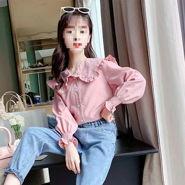 Autumn White Girls' Peter Pan Collar Long Sleeve Shirt - Fashionable Top for Big Kids and Students