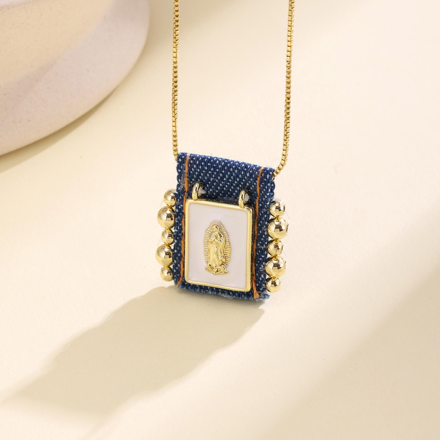 

Nidin Retro Virgin Mary/Cross/Butterfly/Heart Pendant Necklace Blue Denim Frame Beads Religious For Women Men Fashion Jewelry