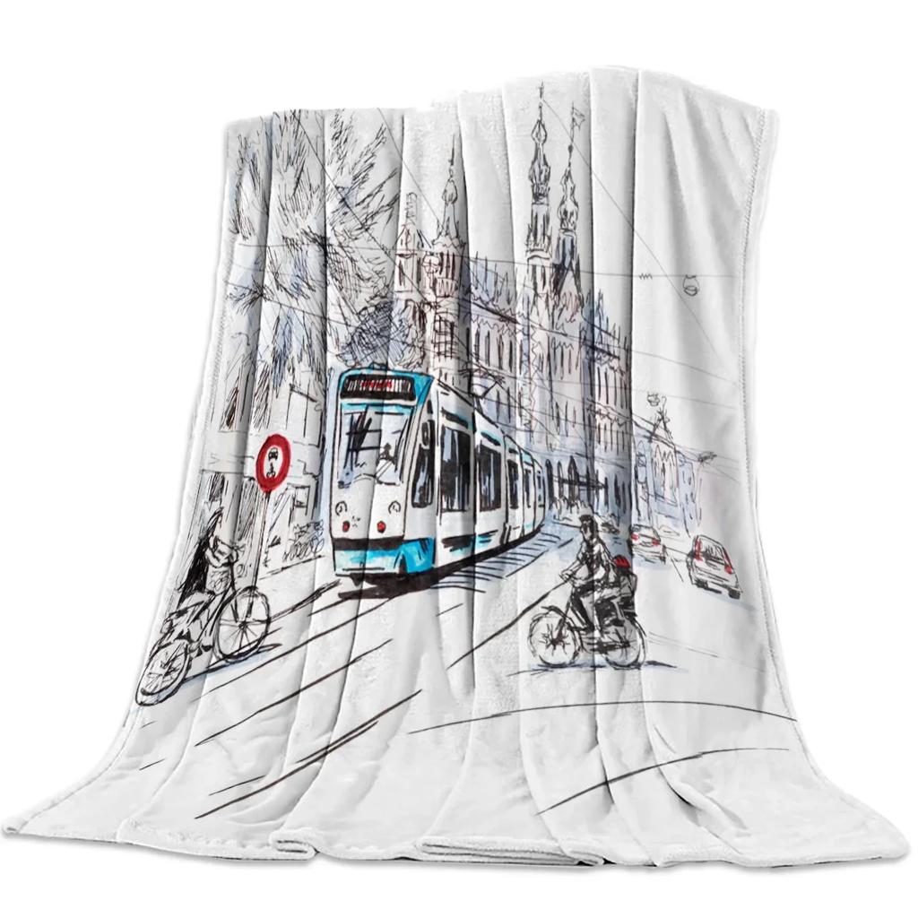 Flannel Blankets The Steam Age Of Old Trains Blanket Cushion Warm Throws on Sofa Bed Home Bedspread Travel Fleece Blanket Queen