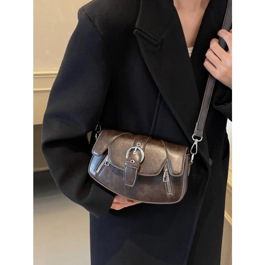 Vintage Damen Umhängetaschen Herbst Texturiertes PU-Leder Klappe Kleine Quadratische Tasche Cool Girl Mode Schultertasche