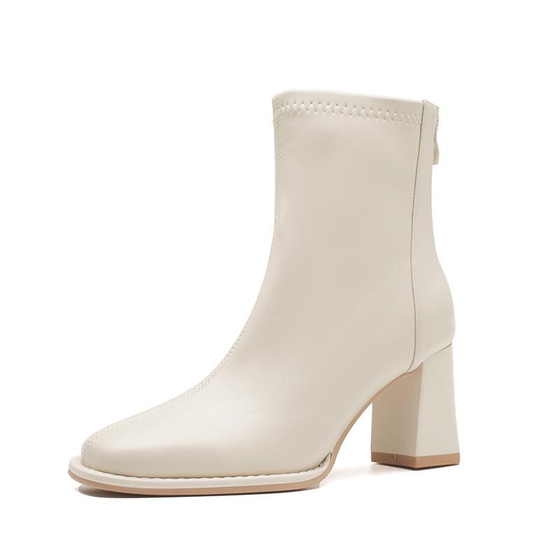Stiefel mit grobem Absatz für Damen, Herbst und Winter 2025, neues Internet-Berühmtheits-Explosionsmodell, vielseitig, schlicht, eckige Spitze, hoher Absatz, dünn, elastisch, kurzer Stiefel