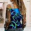 Plus Size Women Asymmetric Shoulder Long Sleeve Top Vibrant Tropical Leaf Print Mesh Lace Splicing Blouse
