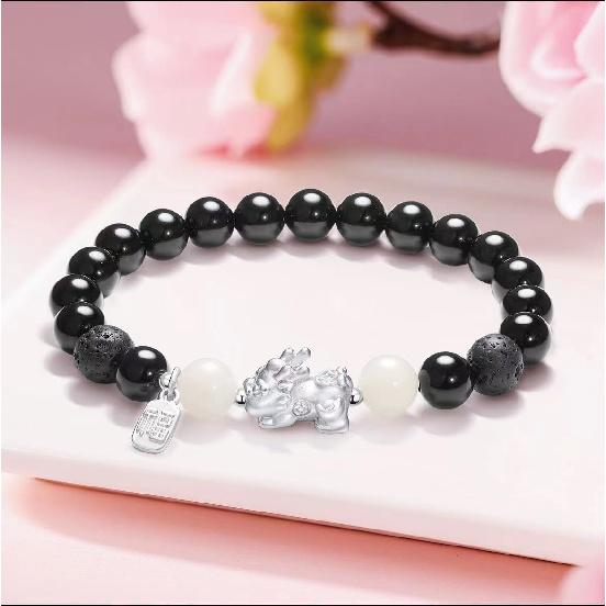 

New999Silver Pixiu Bodhi Artistic Bracelet Natural obsidian niche design couple s bracelet Alloy Men s Model