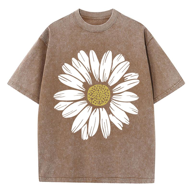 Simple Beautiful Sunflower Prints Washed TShirts Women Cottont Shirts ONeck Oversized Acid Wash Tops Vintage Woman Streetwear