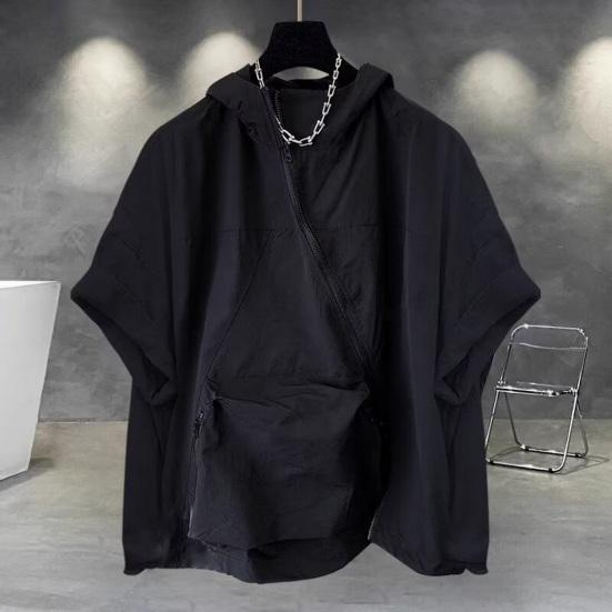 Pánské letní tričko s kapucí velká nášivka kapsa na zip zapínání oversized čistá barva pytlovité krátké rukávy střední délka streetwear hip hop sportovní mikina