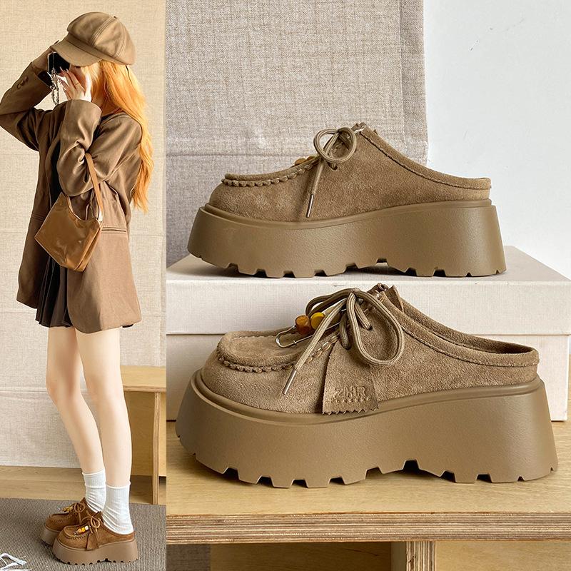 Baotou half slippers women's platform new height-increasing slippers retro one-pedal lazy shoes