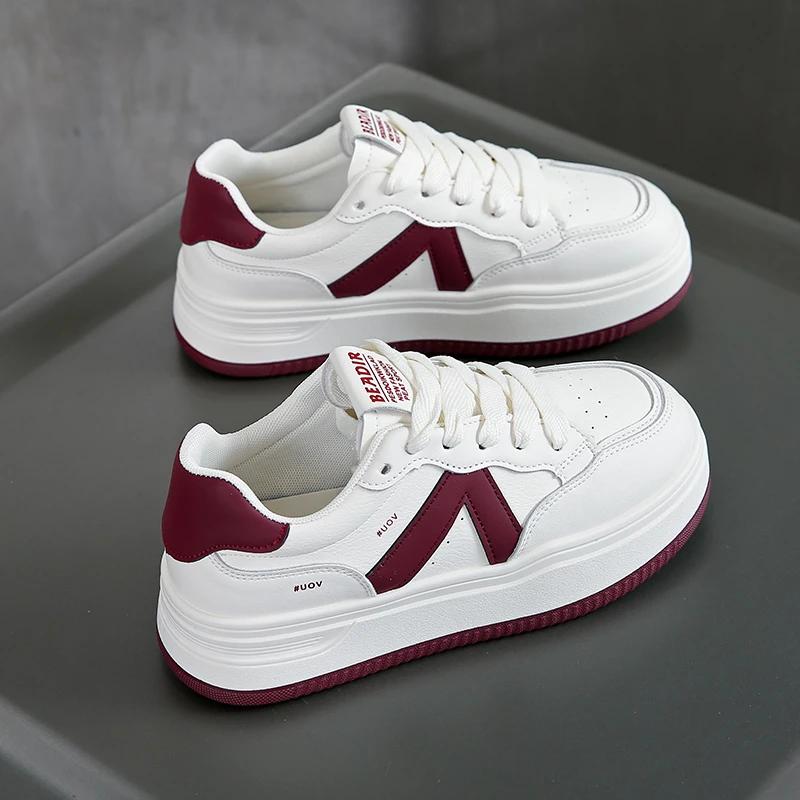 2025 New Women Leather Flat Shoes Autumn Breathable Vulcanized White Sports Lace Up Thick Soled Casual Shoes for Women