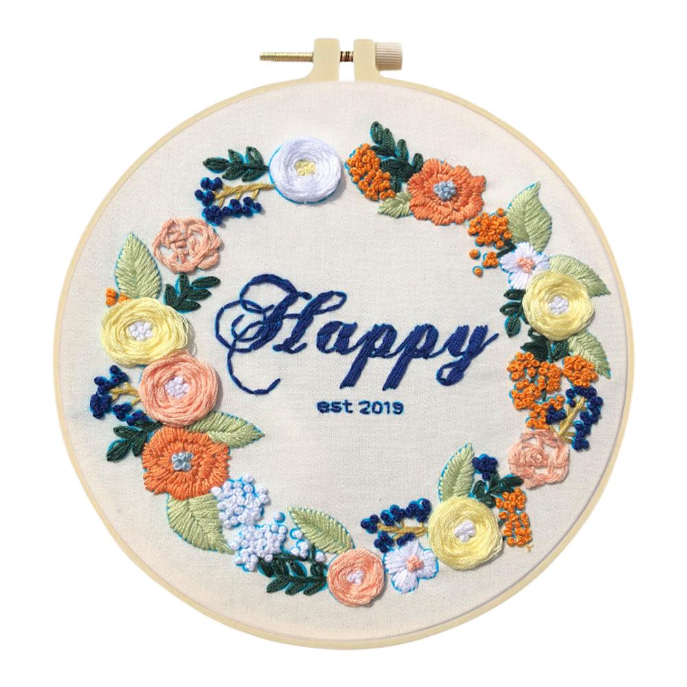 Flower Stamped Cross Stitch Embroidery Kits with Hoop Cloth Color Thread