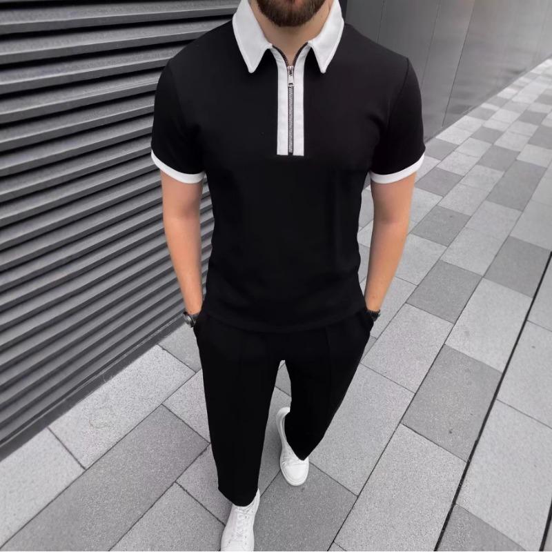 Summer Men's POLO Shirt Zipper Contrasting Color Lapel Short-sleeved Top Casual Solid Color Trousers Set