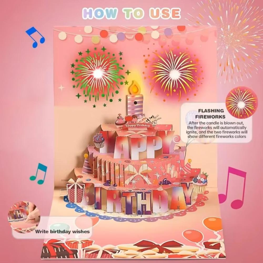 Blowable Led Candle Happy Birthday Card Fireworks Effect Birthday Cake Postcards Child