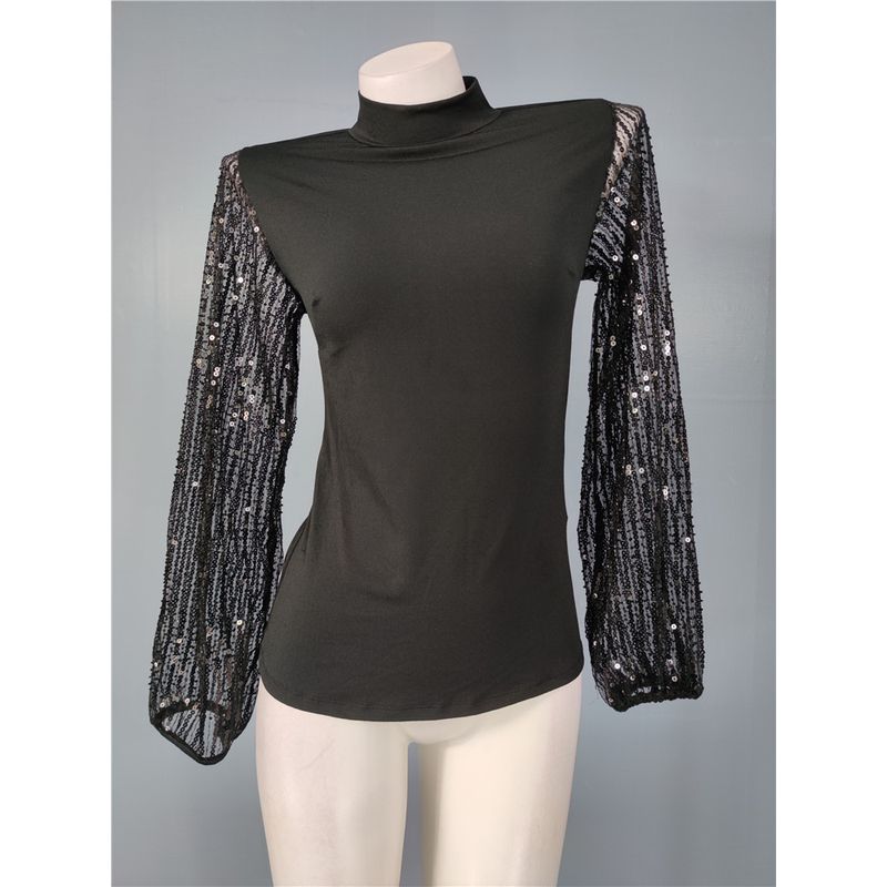 

Export Single Spring New Arrival Heavy Embroidery Sequins Lantern Long Sleeve Perspective Stand Collar Stretch Show Thin Black Tops T-shirt for Women Black XS