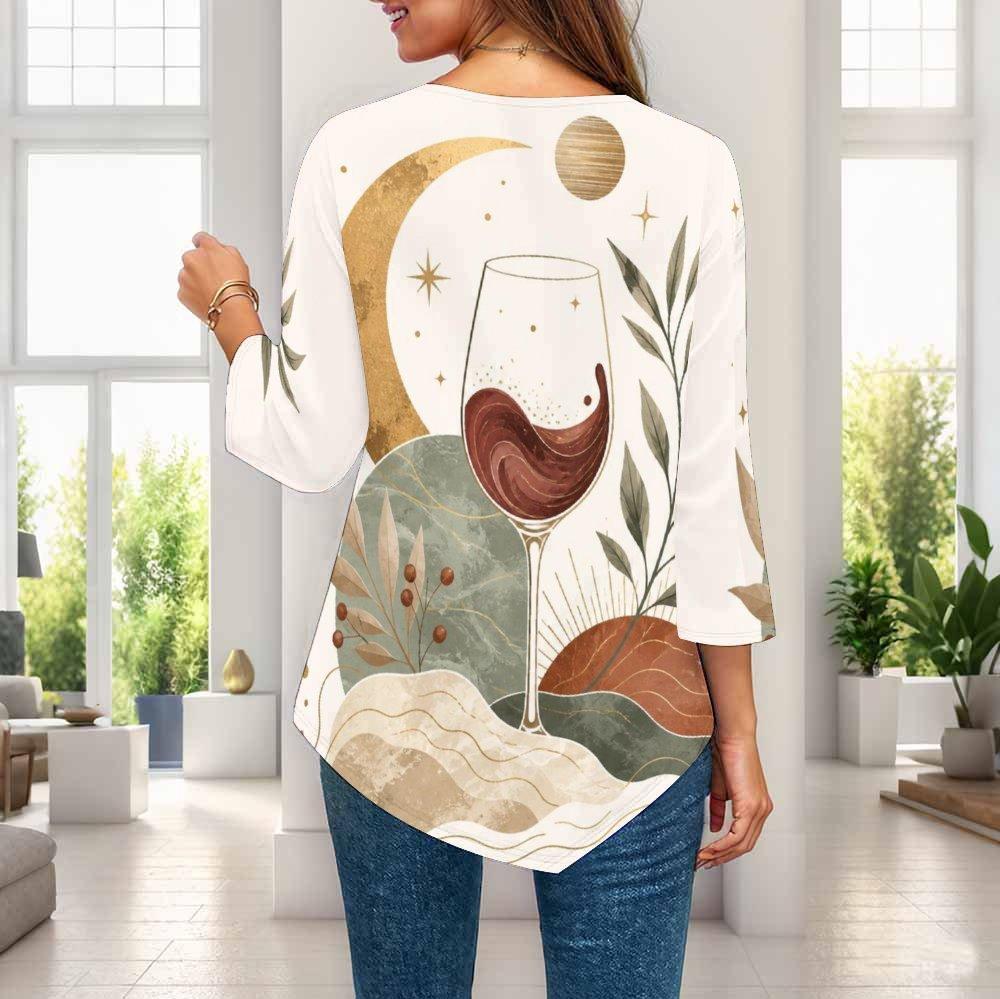 Ladies Plus Size Three Quarter Sleeve Top Pointed Hem Breathable Loose Casual For Daily Commute