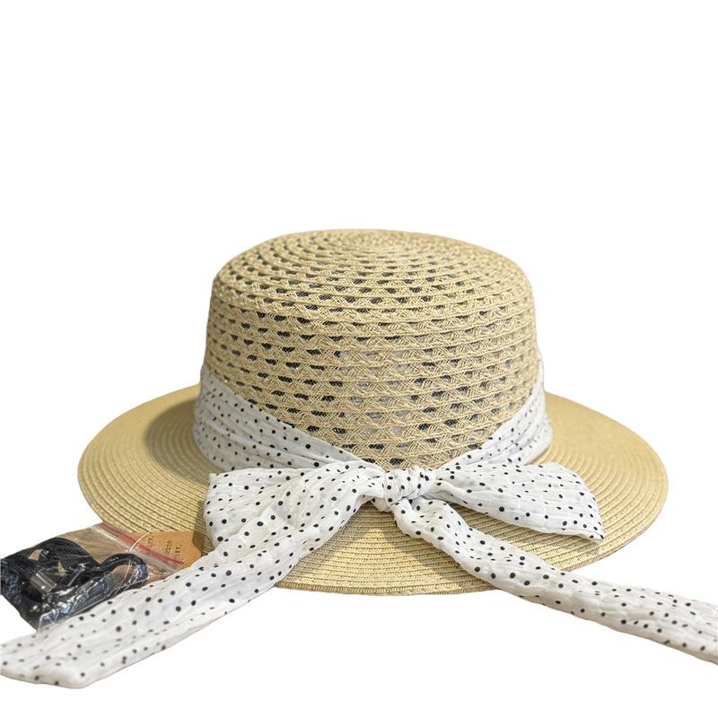 New French-style polka dot bow straw hat for women, summer seaside beach vacation style sun protection hat