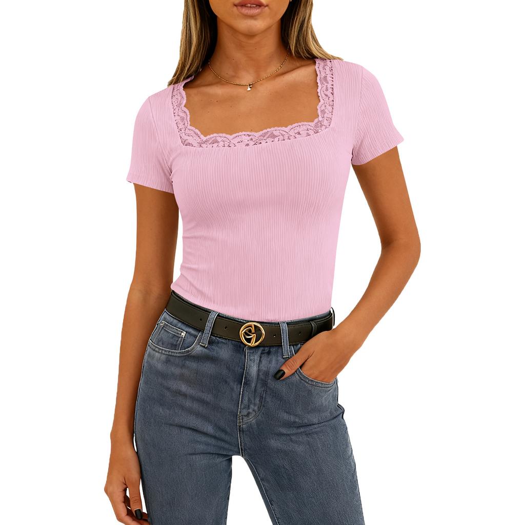 Women's Casual Lace Stitching Short Sleeve Square Collar Top