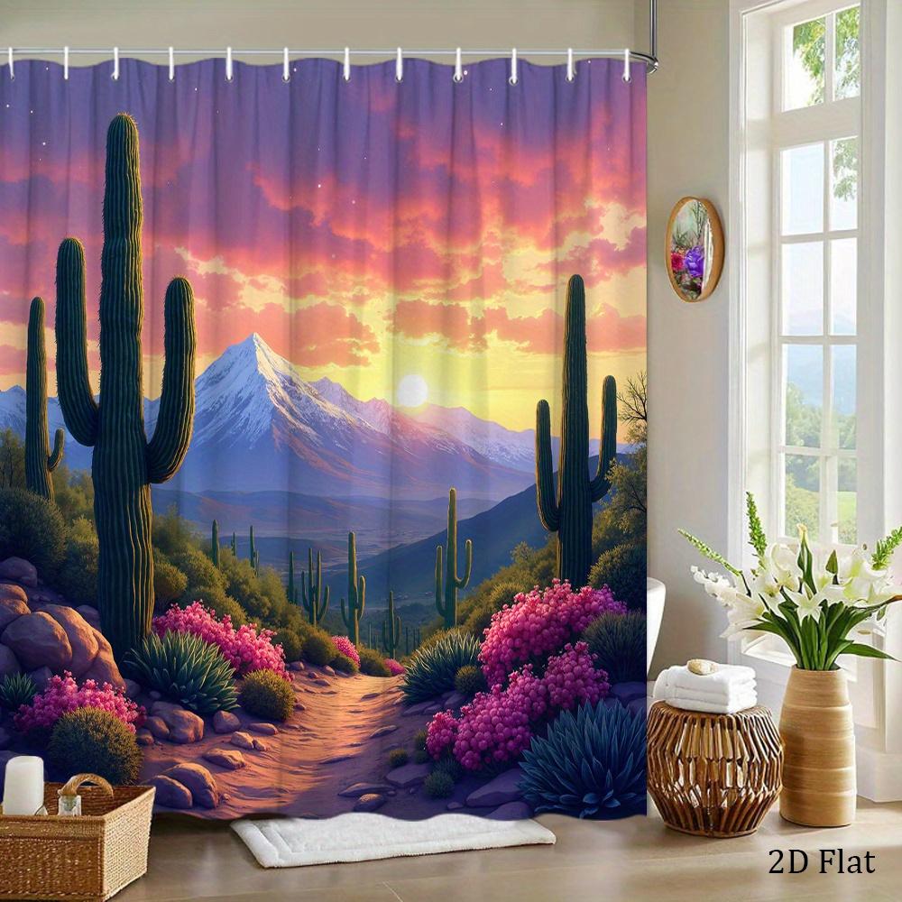 Desert Sunset Shower Curtain Cactus Landscape Print with Snowy Mountains Polyester Bath Curtain with Hooks for Boho Decor