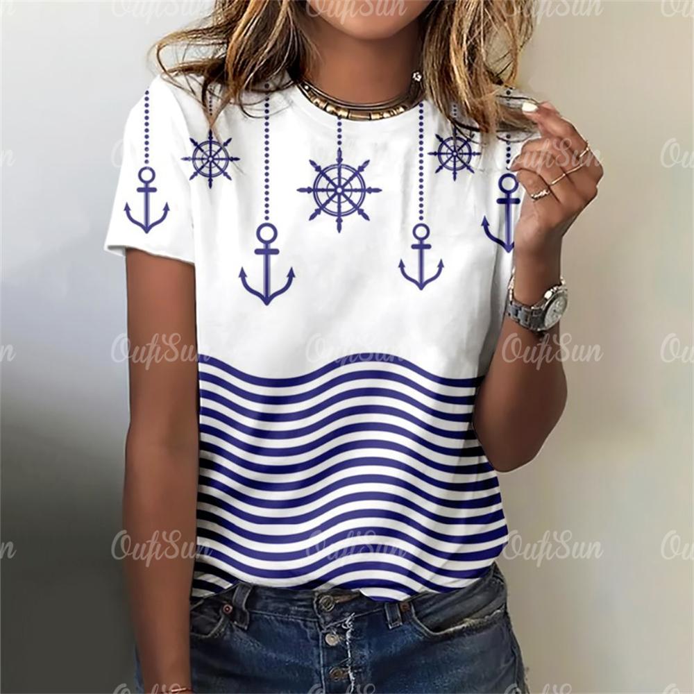 Sommer-T-Shirt für Damen, Anker-3D-Druck, Oberteil im neuen Stil, übergroße T-Shirts für Damenbekleidung, O-Ausschnitt, Damenmode, Übergröße