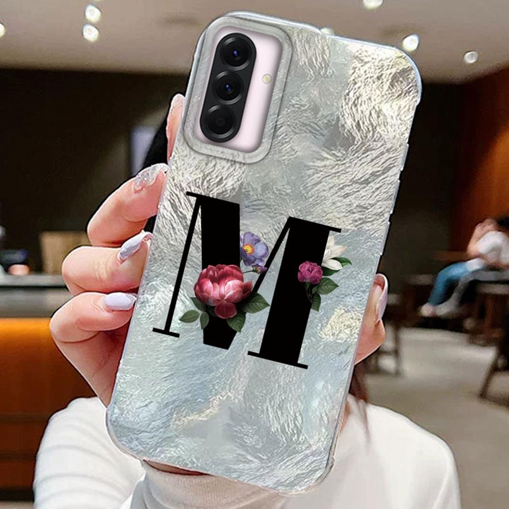 Black A-Z Letter Flower Laser Gradient For Samsung Galaxy A16 A36 A56 Phone Cases Cover Silicone Clear Soft Protect Back Bumper Hard PC Back Cover