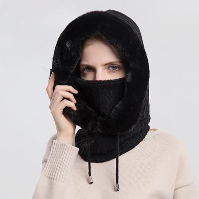 Zimowa futrzana czapka Zestaw masek Z kapturem Damska dzianinowa szyja Ucho Kominiarka Narciarska wiatroszczelna czapka Grube pluszowe puszyste czapki Osłona kaptura Kapelusz Damska czapka z kapturem