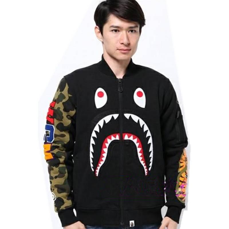 Shark Print Bomber Jacket For Men With Windproof Fabric For Casual Daily Wear