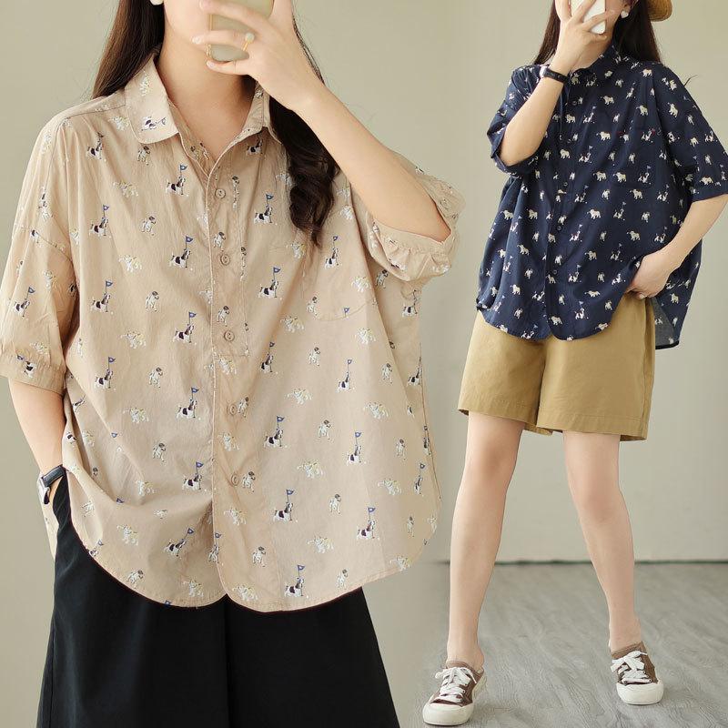 Japanese fashion puppy print short-sleeved shirt women's summer new loose and versatile niche design top