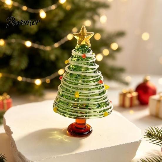 Handmade Colored Glass Decor Glazed Christmas Tree Figurine, Colorful Miniature Xmas Decor, Handcrafted Seasonal Home Festive Ornament Table