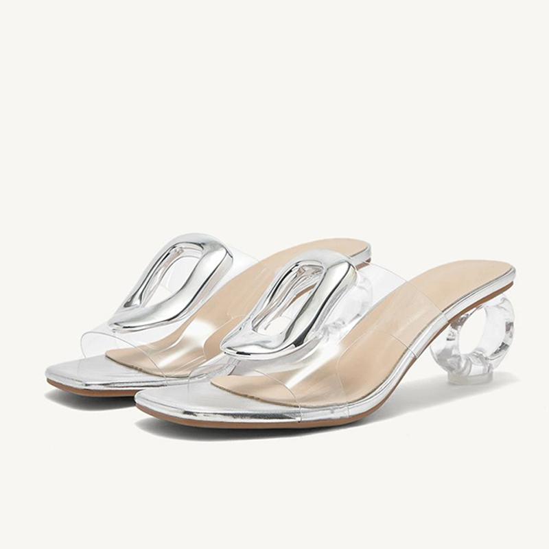 Fashion Liyke Fashion Hollow Out Metal Designer Slides Women Transparent Slippers Square Toe Strange Clear High Heels Mules Shoes Sandal