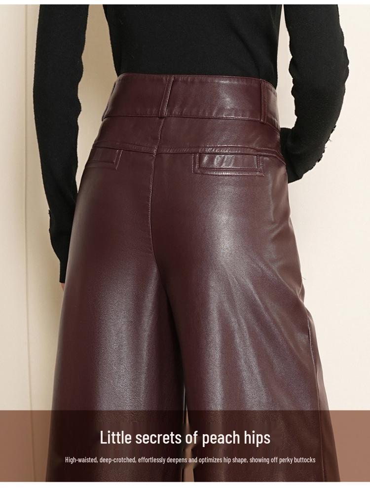Chic Women's High-Waisted Lambskin Wide-Leg Pants - 2025 Autumn/Winter Slimming Casual Fit