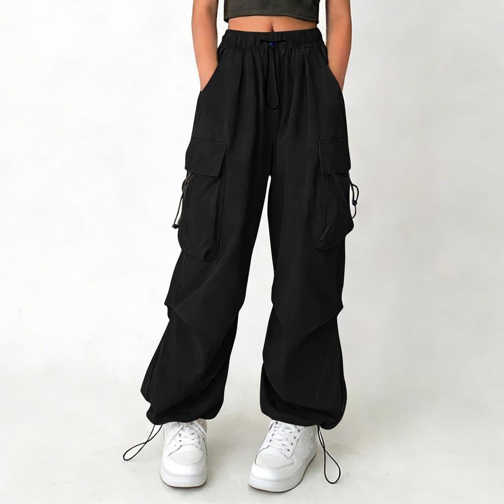 Women's Drawstring Waist Cargo Pants Loose Fit Multi Pocket Trousers with Adjustable Hem for Casual Daily Wear