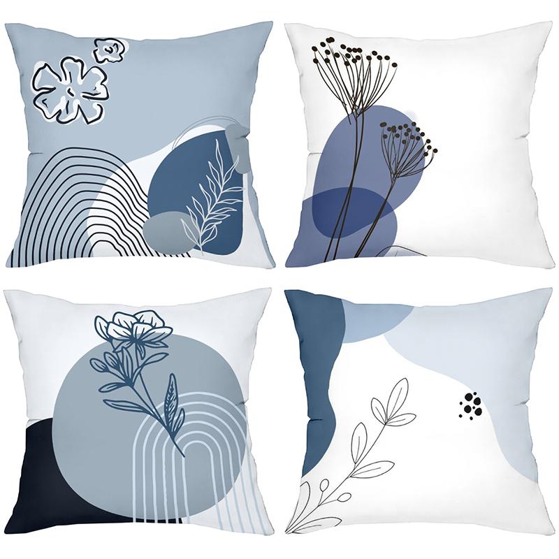 Blue and White Floral Patterned Cushion Covers Set Polyester Pillowcase, Sofa Decorative Cushion Cov Headboard Pillow