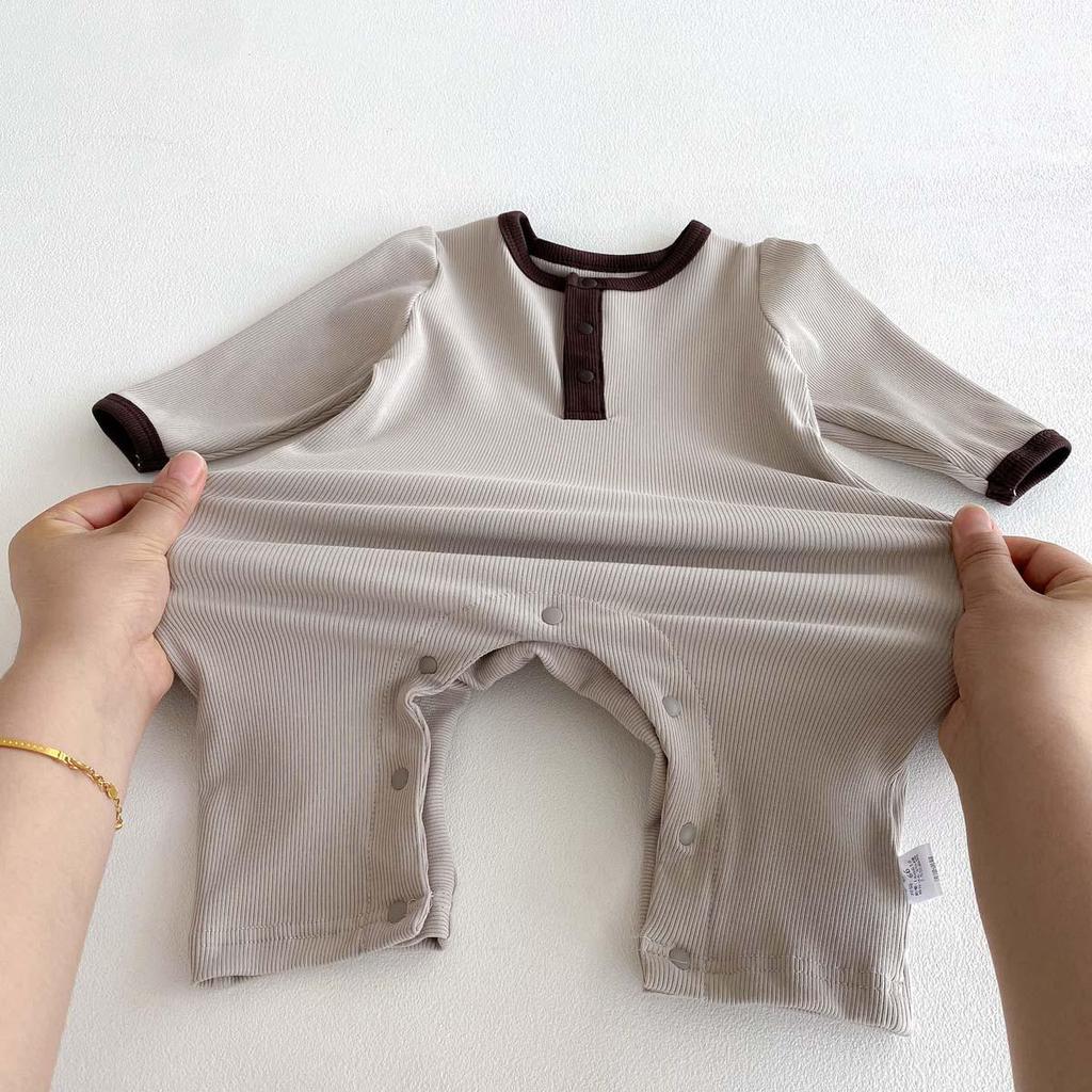 Baby Boy Autumn Rib Knit Long Sleeve Romper - Solid Color Newborn Onesie