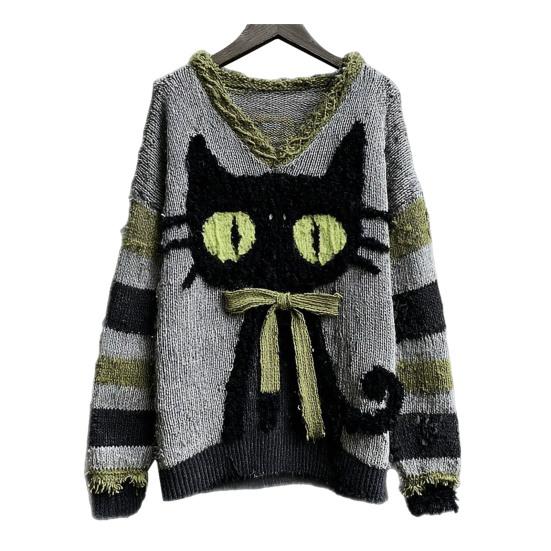 Dámský pulovr s grafickým potiskem s výstřihem do V, ležérní pletená mikina s dlouhým rukávem, nadměrná, s trhlinami, vintage, podzimní topy