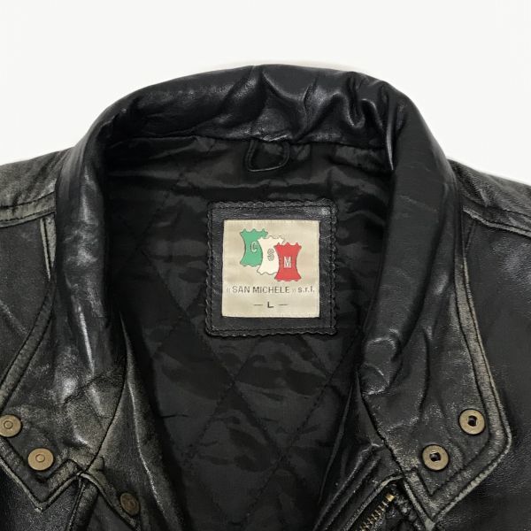 SANMICHIELE / Lamb Leather Riders Jacket [Women's L / Black] Snap Button / Elastic Waist(USED)