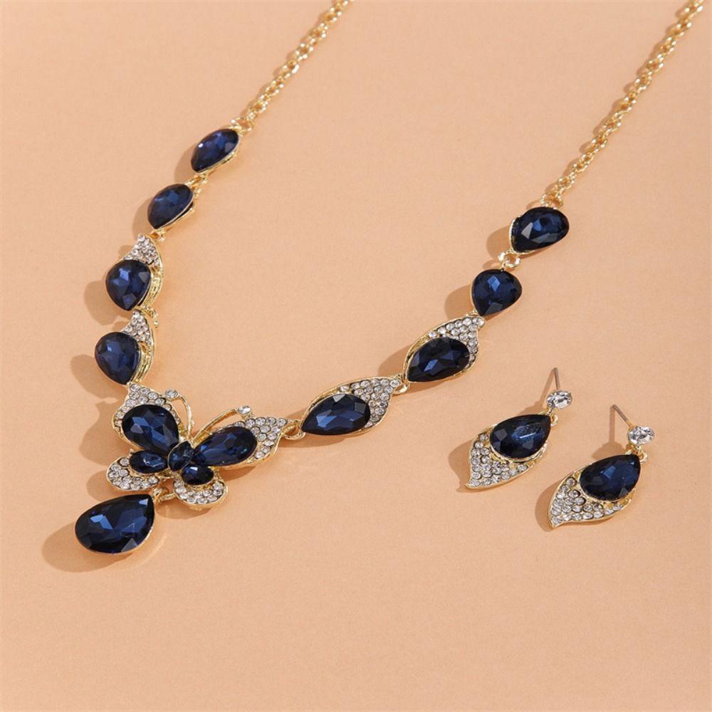 Shining Earrings Necklace Set Bracelet Rhinestone Butterfly Jewelry  Wedding Party