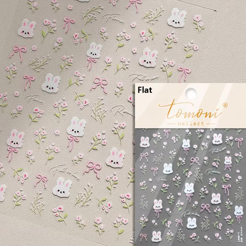 Cute Litter Bear Bowknot 5D Soft Embossed Reliefs Self Adhesive Nail Art Stickers Retro Black White Lace 3D Manicure Decals